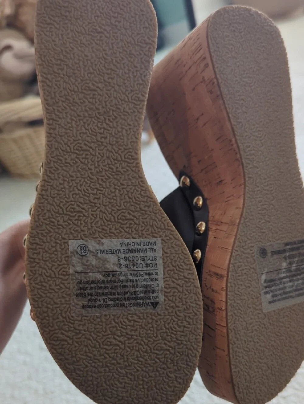 Brown Cork Wedge Slide Sandals with Gold Stud Detail Size 6.5 NEW